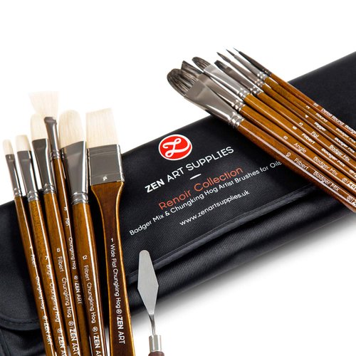 ZenART Oil & Acrylic Paint Brushes – 14pc Professional Set of Chungking Hog, & Badger/Japanese Synthetic Bristles incl Filbert, Flat, Rigger & More – Travel Pouch, Long Birchwood Handles, No Shedding