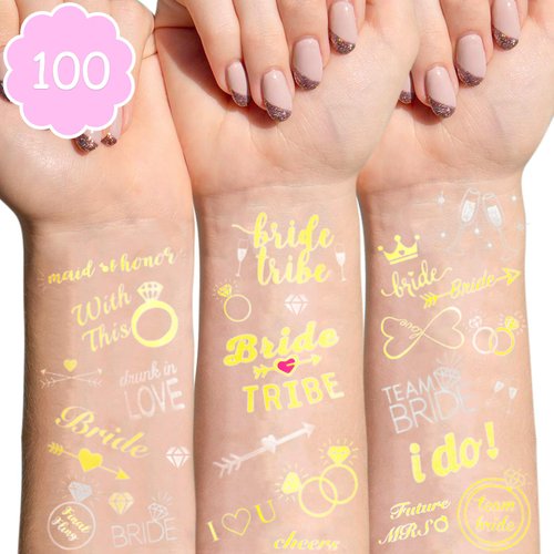 YARIEW 100 Pcs Temporary Tattoos Bride Tribe Metallic Tattoos Eye Face Makeup Bachelorette Party Decorations Bridal Shower Supplies Bridesmaid Favor Gifts