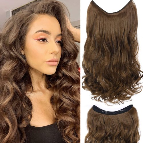 Invisible Wire Hair Extensions - 18 Inch Halo Hair Extension Long Wavy Synthetic Hairpiece with Transparent Wire Adjustable Size, 4 Secure Clips for Women (Brown)