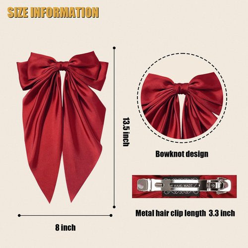 Hair Bows for Women Girls Silky Satin Big Bows Hair Barrettes Oversized Hair Accessories Long Tail Hair Ribbons -3Pcs -Black Red Green