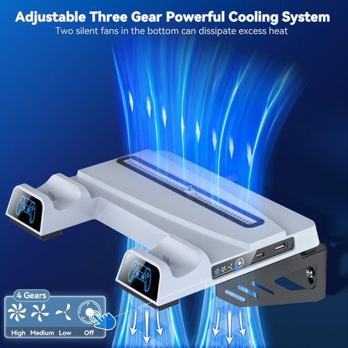 PS5 Wall Mount Kit with 3-level Cooling Fan and Dual Charging Station, PS5 Shelf Mount Compatible with PS5 Disc & Digital, PS5 Cooling Station for PS5 Accessories with Headset Holder, Not for PS5 Slim