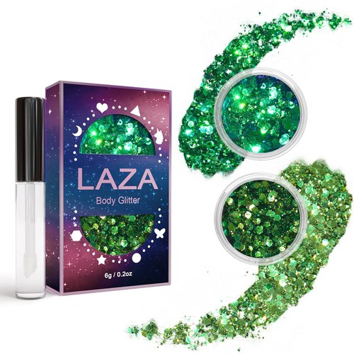 Laza Body Glitter, 2 Jars Iridescent Chunky Sequins with Glitter Glue Perfect for Women Eyeshadow Makeup Face Paint Festival Rave Outfits Hair Accessories Carnival Party Costumes - Gold Blue Green