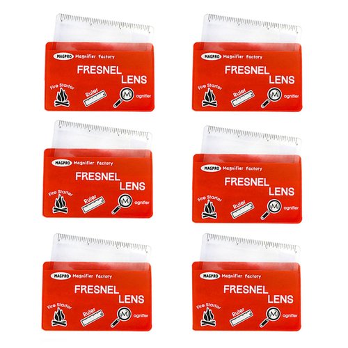 MagDepo 6 Pack Credit Card Size Magnifier Ruler Fresnel Lens Fire Starter Compact Plastic Magnifying Lens Wallet Pocket Magnifier for Reading Small Print, Maps, and Books -Red