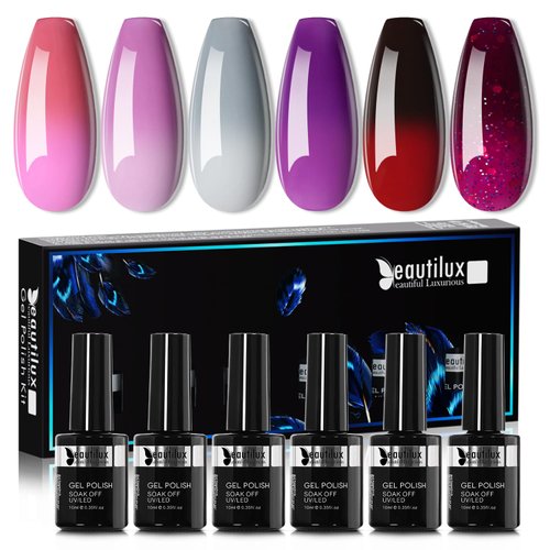 beautilux Color Changing Gel Nail Polish Set of 6 * 10ml Mood Temperature Change Gel Polish, Ther...
