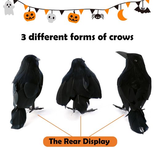 AEVBSOY 3 Pack Black-Feathered Crows Halloween Decorations Realistic Crows Artificial Handmade Black Feathered Crow Birds Ravens for Halloween Party Outdoor and Indoors Decorations Birds Prop