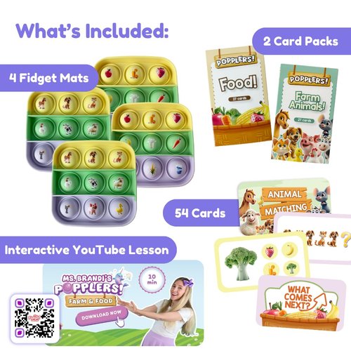 Popplers: Toddlers Early Learning & Educational Fidget Toy, Food & Farm Animals Popping Games, Teacher Must Have for Matching, Sound Recognition and First Words +18 Months Old (6 Mini-Games Included!)