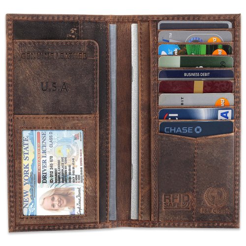 F&L CLASSIC Men's RFID Vintage Look Genuine Leather Long Bifold Wallet Checkbook Wallets,buffalo vintage leather