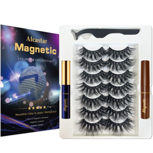 Alcastar Magnetic Eyelashes and Eyeliner Kit,Magnetic Eyelashes Natural Look,Magnetic Eyelash With Applicator,Reusable False Eyelashes Easy to Wear, No Glue Needed, Sweatproof,7 Pairs,(1 black+1brow)