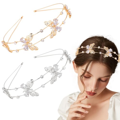 Ainvhh 2 Pieces Double Rows Rhinestones Butterfly Headband Alloy Crystal Fashion Headbands Butterfly Hollow Metal Headband Tiara Headpiece Wedding Party Hair Hoop Band Hairband Headwear for Women