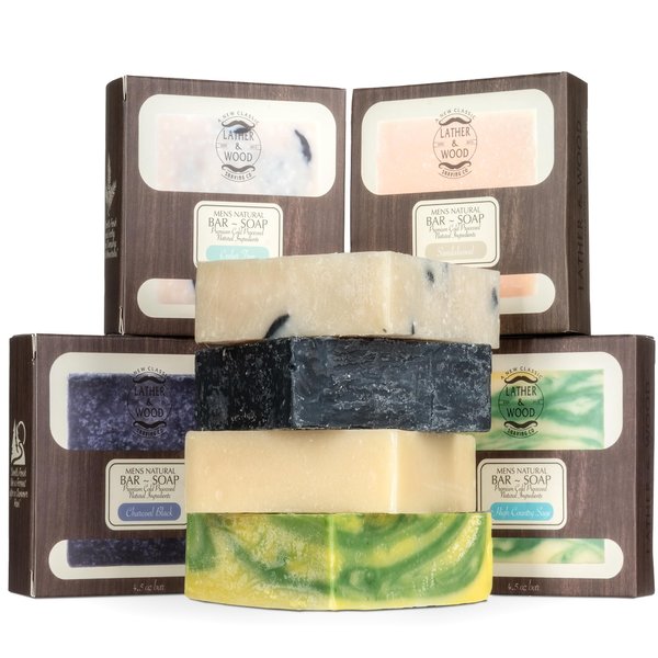 Lather & Wood Bar Soap for Men - Variety Pack - (4) 5oz Man Soap Bars for Bath, Body, and Hands - Natural and Organic Ingredients - Sandalwood - Charcoal Black - Cedar Forest - High Country Sage