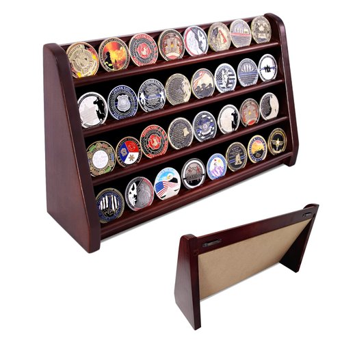 ASmileIndeep Challenge Coin Display Case Military Coin Holder Stand 4 Row Solid Wood Coin Display Shelf Cabinet Gift Mahogany Finish