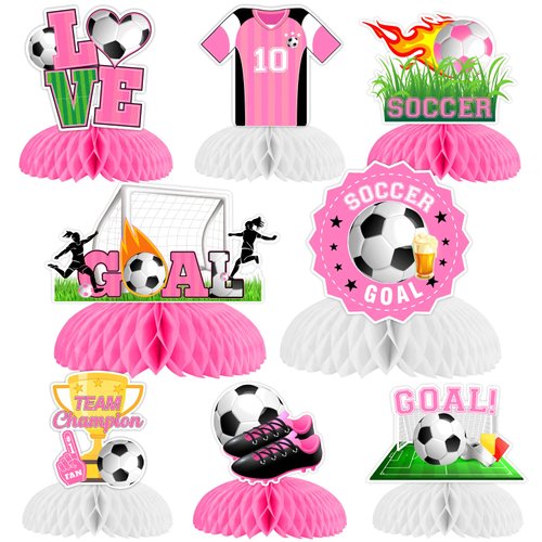 Soccer Birthday Party Decorations for Girls - 8pcs Soccer Honeycomb Centerpiece, Pink Soccer Birt...