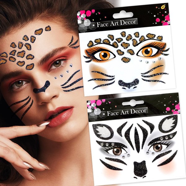 Zebra Tiger Face Gem Stickers Forest Animals Temporary Tattoos Stickers Halloween Face Tattoos Stickers Glittery Eye Face Body Makeup Sticker for Halloween Cosplay Accessories 2 Sheets (E-Tiger Zebra)
