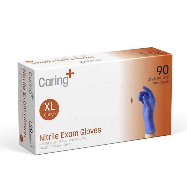 Caring Nitrile Exam Gloves (90ct), Powder Free and Not Made with Natural Rubber Latex, Gloves for Medical Use, Cleaning, Food Prep and More, XL