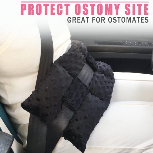 Ostomy Seatbelt Pillow, Stoma Shiled/Guard Cover, Ileostomy Urostomy Bag Pouch, No Squeezing, Ostomate Colon Bladder Cancer Must Have Ostomy Supplies Minky Dot Black
