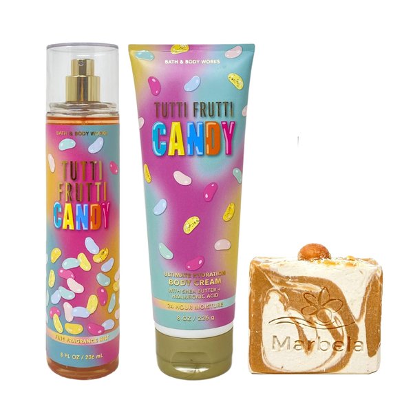 Bath & Body Works Tutti Frutti Candy Fragrance Mist and Body Cream Set with a Peach Gardenia Bar Soap - Full Size