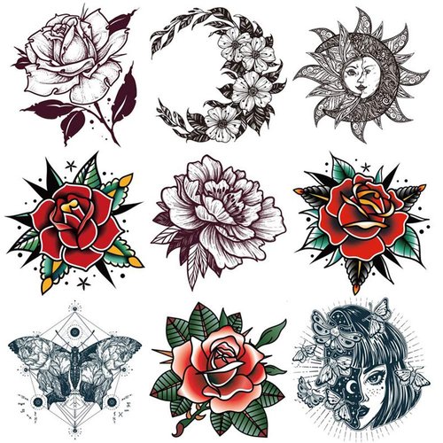 Oottati 9 Sheets Women Hand Back Red Rose Black Flower Sun Moon Butterfly Totem Temporary Tattoo Stickers