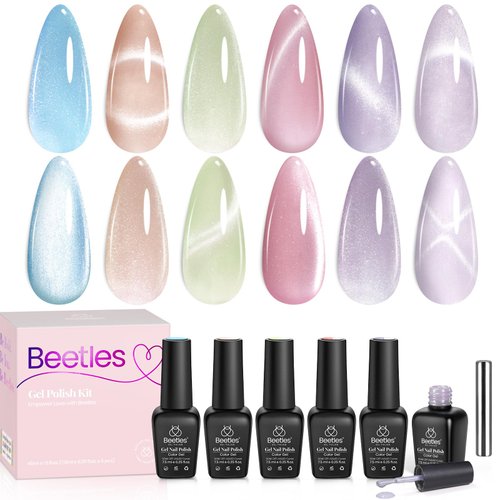 Beetles Cat Eye Gel Nail Polish Set, 6 Colors Jelly Pink Translucent Blue Green Purple Light Lucite Collection Sheer Gel Polish Soak Off LED Nail DIY Art Salon At Home Gifts for Women