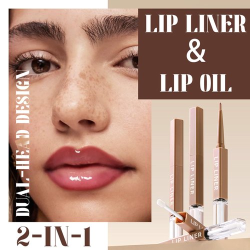 HOSAILY Double-ended Lip Liner with Clear Lip Oil, Moisturizing High Shine Transparent Lip Glow Oil with Nude Pink Lip Liner Set, Non-Sticky Plumping Lip Gloss Combo Lipstick Makeup-02