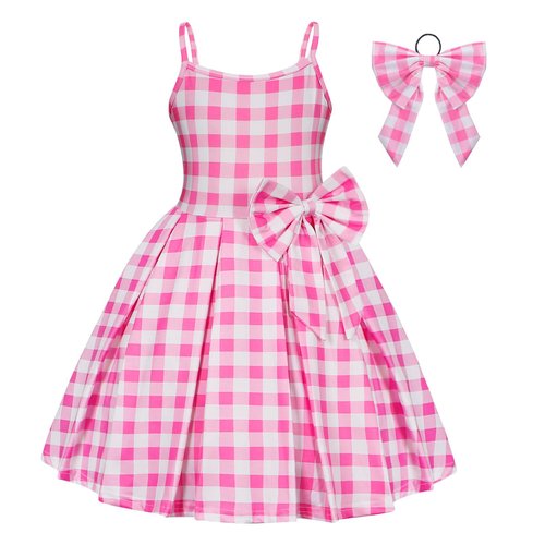 Benylion Pink Plaid Costume Dress Movie 2023 Cosplay Dress Up Costumes for Girls Kids Halloween Outfits Birthday Theme Party Fancy Dresses with Bowknot Clothes Pink Size 7-8