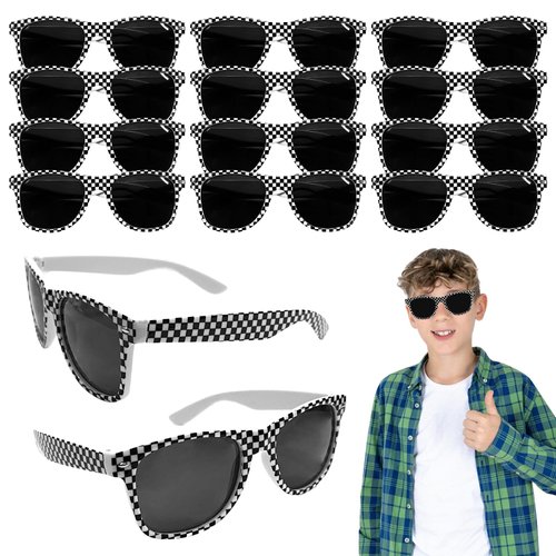 Rainmae 12 Pcs Race Car Checkered Sunglasses for Teenagers and Adults Bulk with Protection, Retro Racecar Party Favor Supplies, Summer Pool Beach Accessories, Racing Theme Birthday Gifts