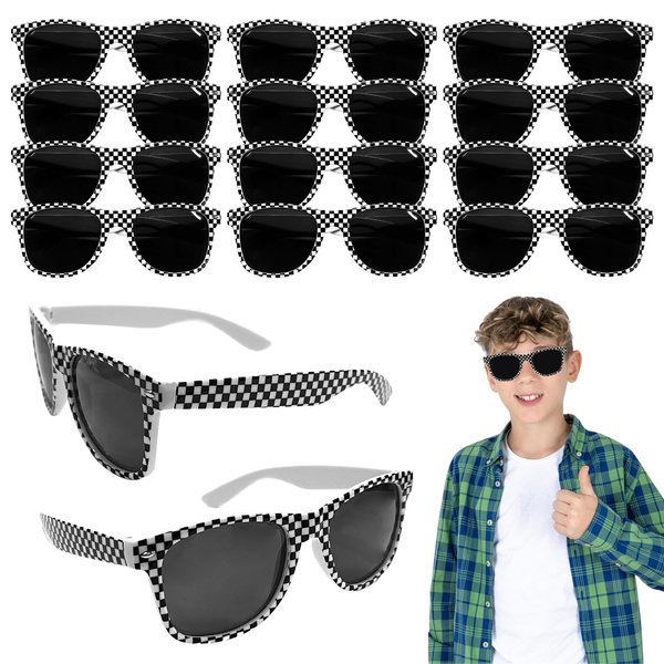 Rainmae 12 Pcs Race Car Checkered Sunglasses for Teenagers and Adults Bulk with Protection, Retro Racecar Party Favor Supplies, Summer Pool Beach Accessories, Racing Theme Birthday Gifts