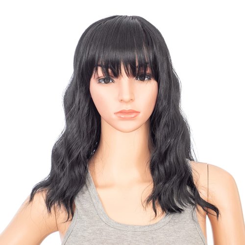 SWACC Short Curly Wavy Bob Wig with Bangs Synthetic Medium Shoulder Length Hair Wig for Women with Wig Cap (Black-1B)