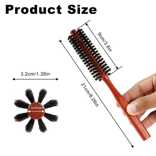 Boars Hair Round Brush, Mini Round Brush, Small Hair Bush for Small Round Brush for Blow Drying, Curling Brush for Short Hair, Small Beard Brush Round Bristle Brush