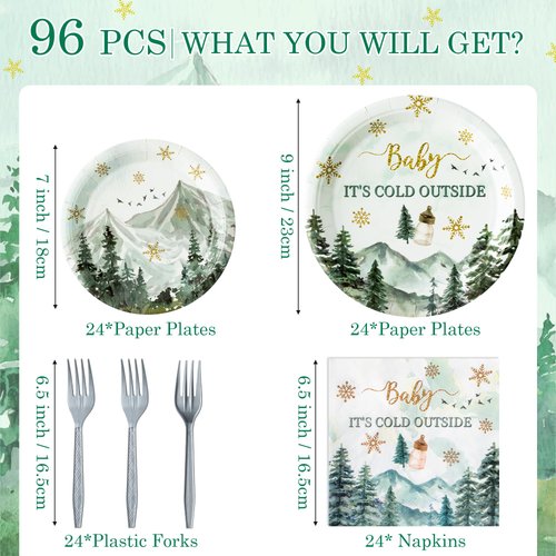 G1ngtar 96Pcs Baby It's Cold Outside Party Plates Supplies - Winter Wonderland Tableware Decorations Snowflakes Disposable Paper Plates Napkins Forks for Christmas Birthday Baby Shower, Serves 24