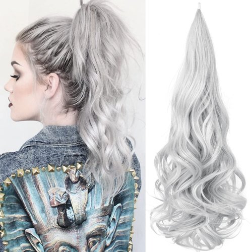 Sintario 30 Inch Flexible Wrap Around Ponytail Extension Long Silvery Gray Ponytail Hair Extensions Curly Wave Synthetic Ponytails Hairpiece for Women Daily Use (Silvery Gray)