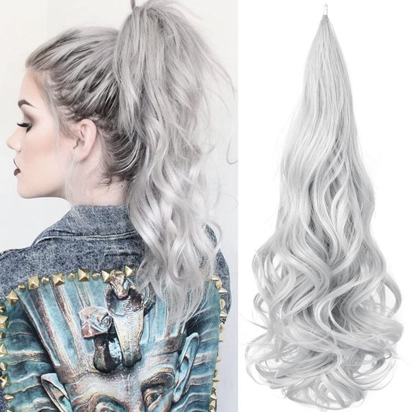 Sintario 30 Inch Flexible Wrap Around Ponytail Extension Long Silvery Gray Ponytail Hair Extensions Curly Wave Synthetic Ponytails Hairpiece for Women Daily Use (Silvery Gray)