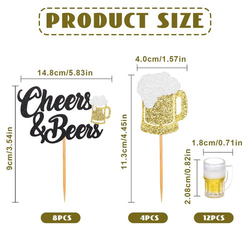 Teenyyou 24 Pcs Cheers and Beers Cupcake Toppers and Beer Cup Ornaments Set Glitter Beer Mug Cupcake Decorations for Baby Shower Birthday Beer Themed Party Supplies