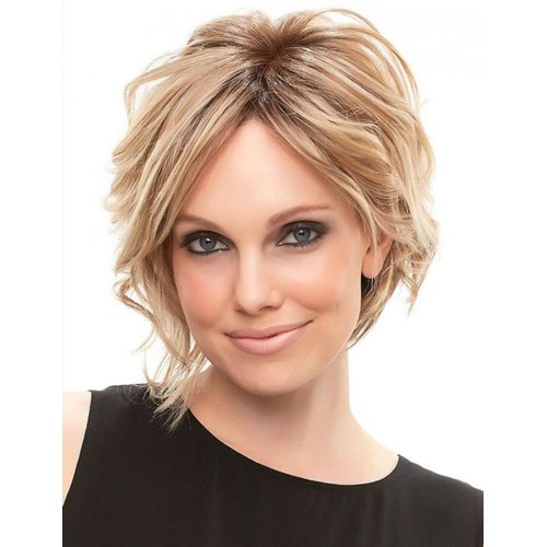 TISHINING Short Ombre Blonde Wavy Bob Wigs for White Women Chin Length Blonde Highlight Bob Wig with Brown Roots Natural Looking Synthetic Daily Party Wig