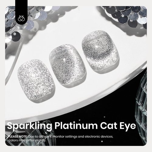 Beetles Cat Eye Gel Nail Polish, 15ML Silver Glitter Gel Nail Polish, Holographic Glitter Silver Cat Eye Gel Nail Polish Magnet, Cat Eye Magnetic Gel Polish Soak Off Uv Lamp Christmas Gifts for Women