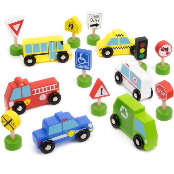 15-Piece Busy City Wooden Street Signs & Work Cars Playset with Slotted Wood Storage Box by Imagination Generation