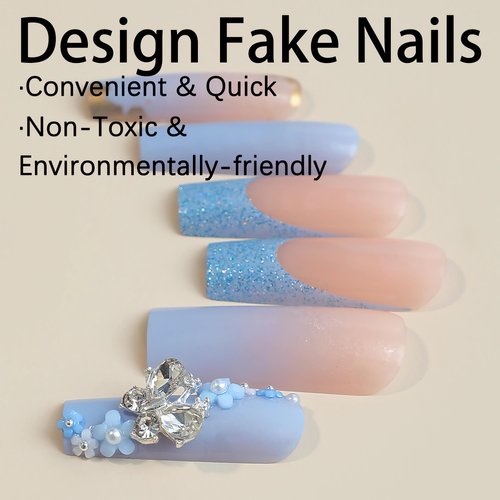 BABALAL Long Square Press on Nails Blue French Fake Nails Glitter Glue on Nails 3D Butterfly Rhinestone Flower Acrylic Nails Squoval Manicure False Nails for Women and Girls