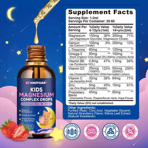 Kids Magnesium Liquid Drops - Magnesium Glycinate Drops for Kids, Citrate Liquid with Calcium, Omega-3, L-theanine, Zinc, Vitamin B6 D3 C for Sleep, Relaxation, Calm & Focus, Strawberry Flavor,2 Fl Oz