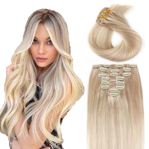 ABH AMAZINGBEAUTY HAIR Clip on Hair Extensions Dirty Blonde Highlighted Bleach Blonde P18-613 Nat...