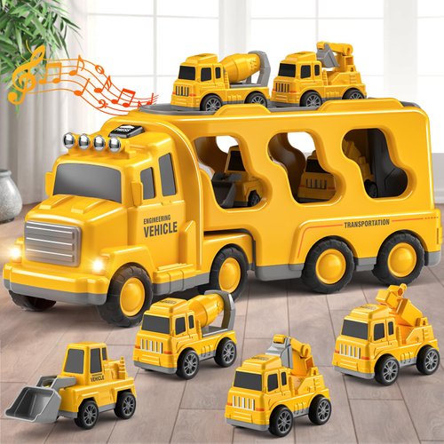 Beby Buty 5 in 1 Construction Trucks Cars Toys for Toddlers 3-5, Boy Toddler Car Truck Toys with Light Sound, Birthday Gifts Toys for 3 4 5 Year Old Boy