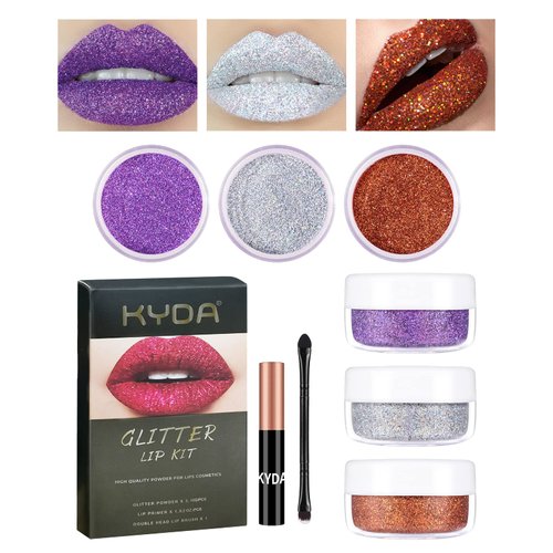 FREEORR 3 Colors Glitter Lip Kit, Diamond and Glitter Metallic Lip Powder with Lip Primer, Waterproof Long Lasting & Smudge Proof, Glitter Shimmer Sparkly Lip Cosmetic without Sticky Flake Off Set C