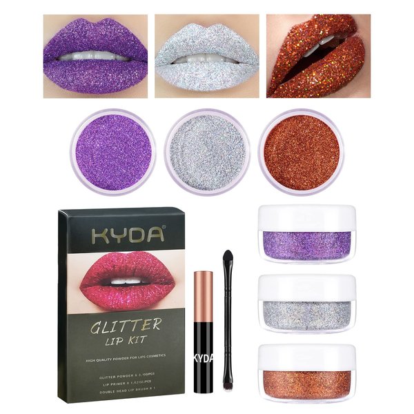FREEORR 3 Colors Glitter Lip Kit, Diamond and Glitter Metallic Lip Powder with Lip Primer, Waterproof Long Lasting & Smudge Proof, Glitter Shimmer Sparkly Lip Cosmetic without Sticky Flake Off Set C