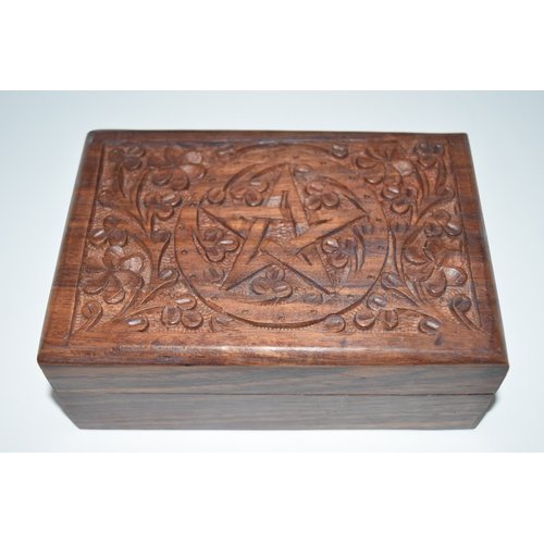 Nature's Enlightenment Pentacle Carved Wooden Box #2- Tarot Cards, Crystals, Altar Supplies,