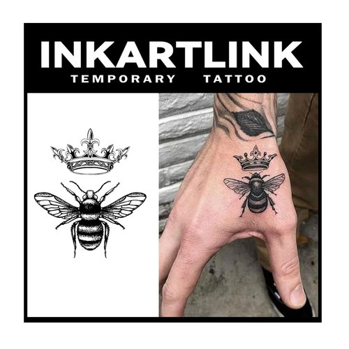 INKARTLINK Tattoo Tech, 3 Sheets Small Semi Permanent Tattoo, Adult Art Design Temporary Tattoos, Lasts 1-2 Weeks, Waterproof, Realistic Look, No Adhesive, No Reflection (Crown and Bee)