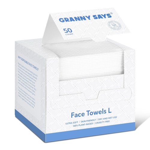 GRANNY SAYS Disposable Face Towel, Face Towelettes Disposable, Biobased Face Towels, Thickness Soft Clean Face Towels, Facial Towels for Sensitive Skin, Travel, Makeup Remover, 8"x10", 50 Count