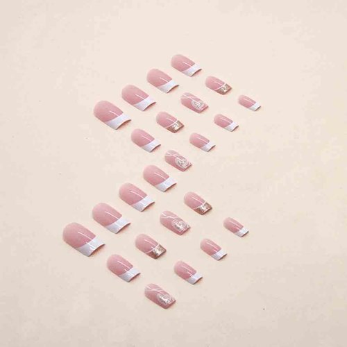 Foccna French Tip Press on Nails Medium LOVE Fake Nails Square Bling Glossy White False Nail Tips Artificial Finger Manicure for Women and Girls,24pcs