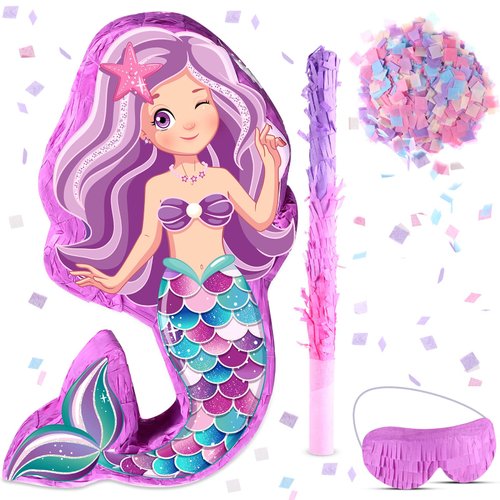 Suilung Mermaid Piñata Bundle 18.9 Inch Mermaid Party Supplies with Blindfold, Bat and Filler for Under the Sea Mermaid Theme Birthday Party Carnival Activity Decorations