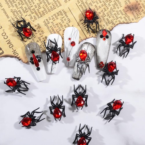 BAIYIYI 10PCS Punk Black Spider Nail Charms Rhinestones Decorations for Halloween, 3D Big Spider Nail Gems Metal Alloy Vintage Halloween Nail Design for Y2K Girl DIY Nail Art Accessories and Craft