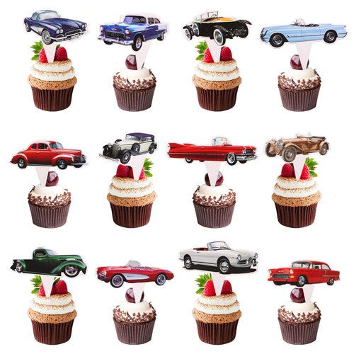 Classic Cars 36 pcs Cupcake Toppers, 1950's Convertible Vintage Car Theme Party Supplies Favors,Cake Picks For Birthday Anniversary Wedding Engagement Party Decorations