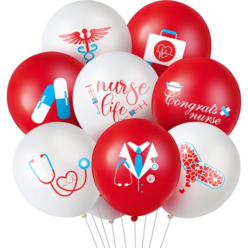 48 Pieces Nurse Balloons 12 Inch Red and White Nursing Latex Balloons Nurse Graduation Decoration for Nurse Party Decoration Supplies