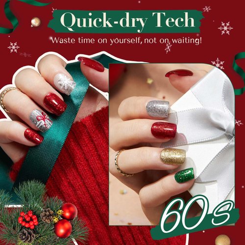 AZUREBEAUTY Nail Polish Set, 4 Colors Christmas Glitter Red Green Gold Silver Quick Dry Natural Vegan Nail Lacquer Strengthening Treatment Kit with Top Coat DIY Salon at Home